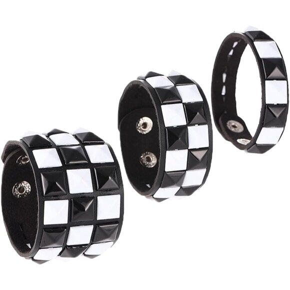 3 Piece Faux Leather Punk Bracelets Black White Checkered Studded Adjustable - Picture 1 of 4